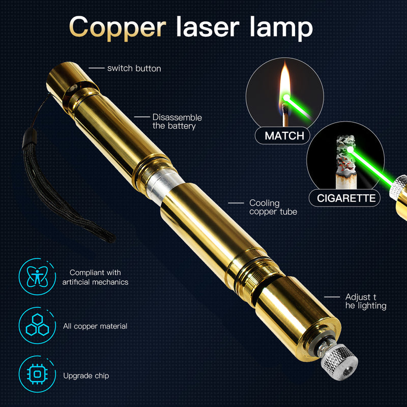 5000mW High Power Laser Pointer, Metal Brass 532nm Green Dot Pointer Pen Focusable Visible Beam Lazer Light Torch