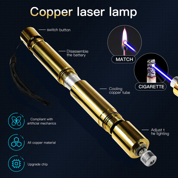 5000mW High Power Laser Pointer, Metal Brass 450nm Blue Dot Pointer Pen Focusable Visible Beam Lazer Light Torch